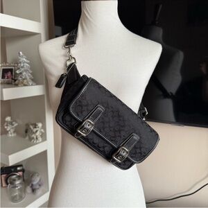 Coach Black Signature Canvas Crossbody Belt Bag with Silver Hardware